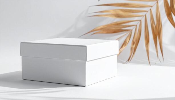 Minimalist White Box with Golden Palm Leaf Shadow on Clean White Background. photo