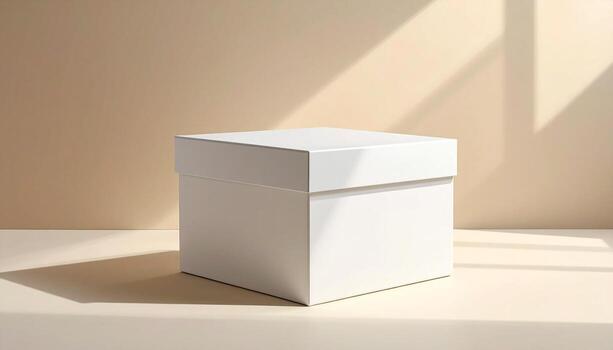 Minimalist White Box with Lid on Beige Surface Window Light. photo