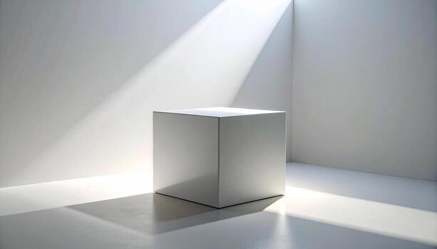 Minimalist White Cube in Dramatic Light Geometric Composition Shadow Play Modern Design. photo