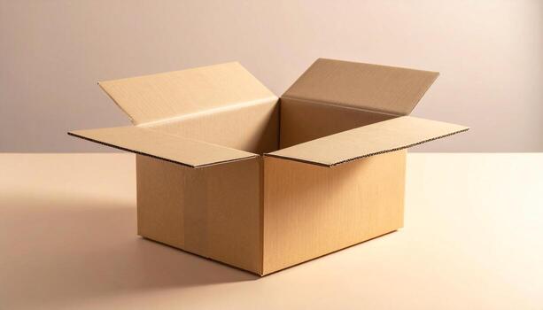 Open Cardboard Box on Beige Surface Neutral Lighting Minimalist Composition. photo