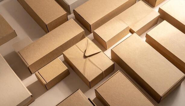 Overhead View of Cardboard Boxes Packaging and Delivery Concept. photo