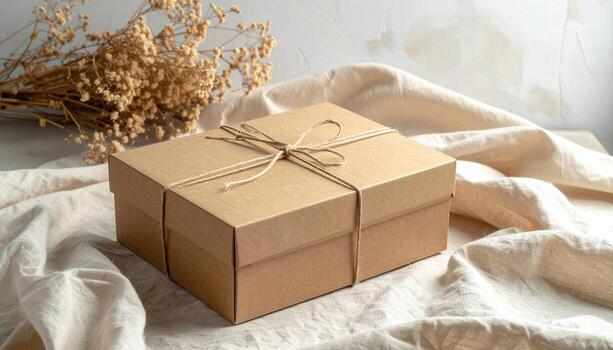 Rustic Gift Box Tied with Twine on Cream Fabric with Dried Flowers. photo