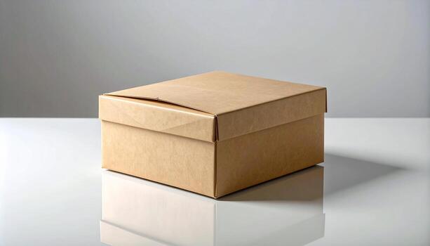 Simple Cardboard Box on Glossy Surface Minimalist Neutral Tones Studio Shot. photo