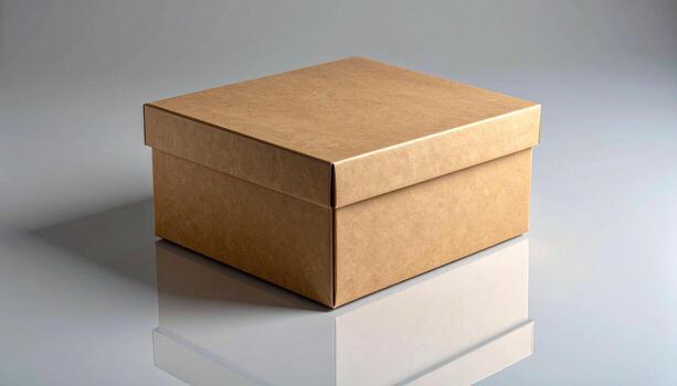 Square Brown Cardboard Box with Lid on Reflective Surface Studio Shot. photo