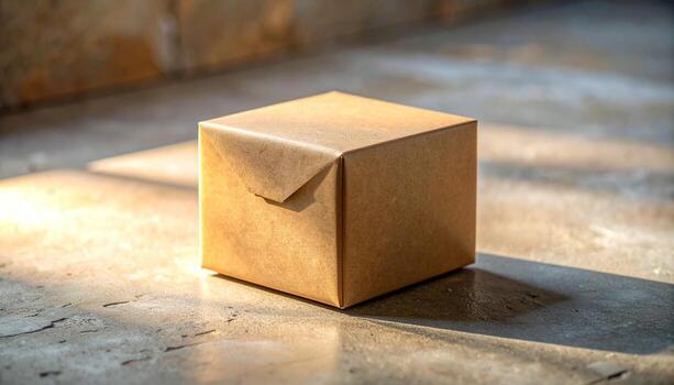 Sunlit Brown Paper Gift Box on Textured Surface with Dramatic Shadows. photo