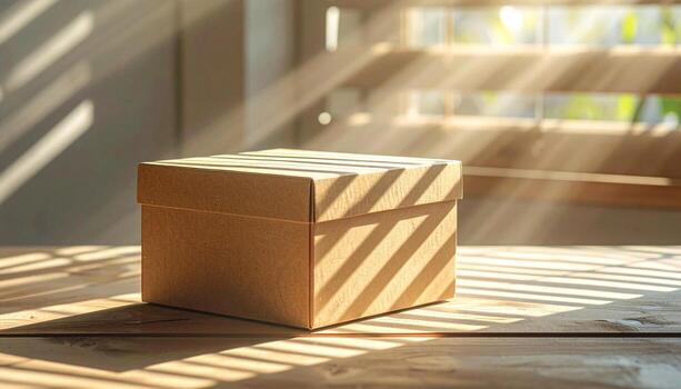 Sunlit Cardboard Box Warm Rays on Wooden Surface Minimalist Still Life. photo