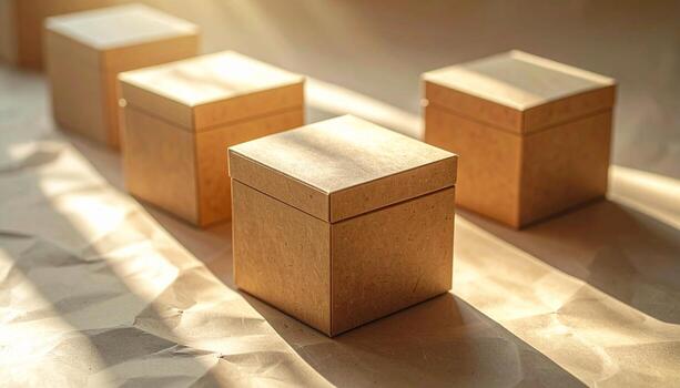 Sunlit Kraft Boxes Minimalist Still Life with Textured Paper and Warm Light. photo