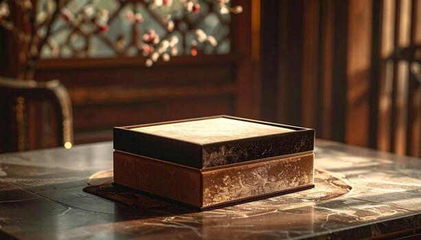 Antique wooden box on a table in a library setting. photo