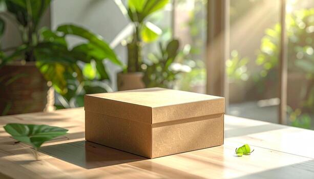 Brown cardboard box on a wooden table with plants in the background. photo