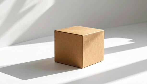 Brown cardboard box on white surface with light and shadow. photo