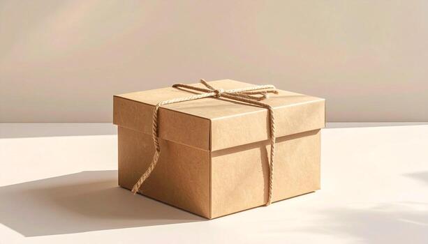 Brown cardboard box tied with string on a neutral surface. photo