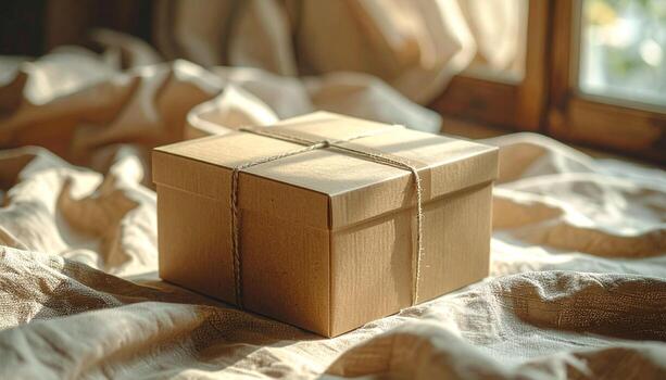Brown cardboard box tied with string on a textured surface. photo
