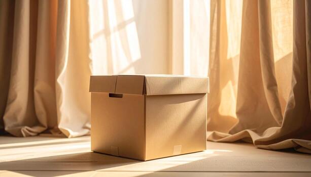 cartulina caja en luz de sol por ventana con cortinas foto
