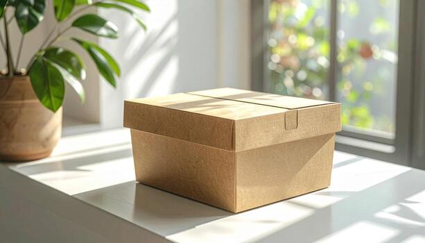 Cardboard Box on Table with Plant and Window Light. photo