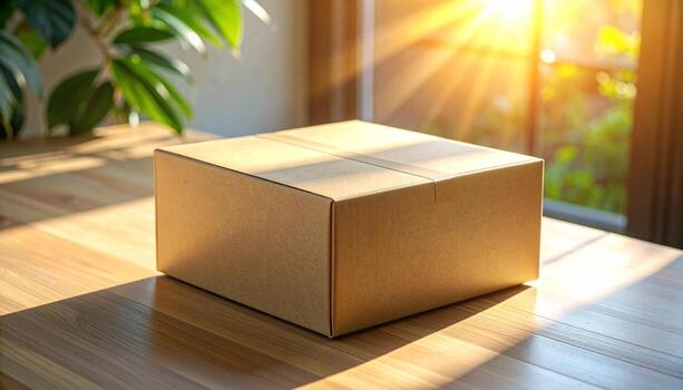 cartulina caja en de madera mesa con luz de sol transmisión mediante ventana. foto