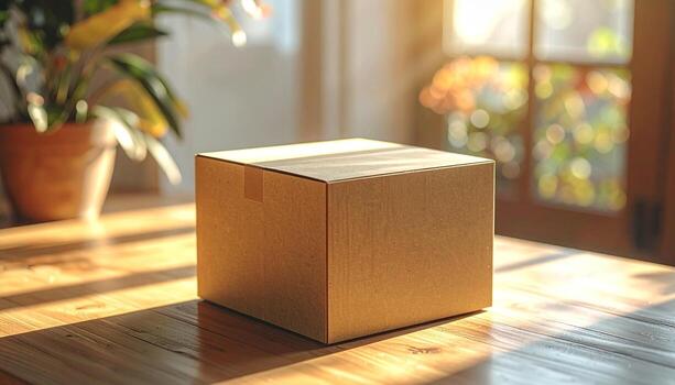 Cardboard box on wooden table with sunlight and plant in background. photo