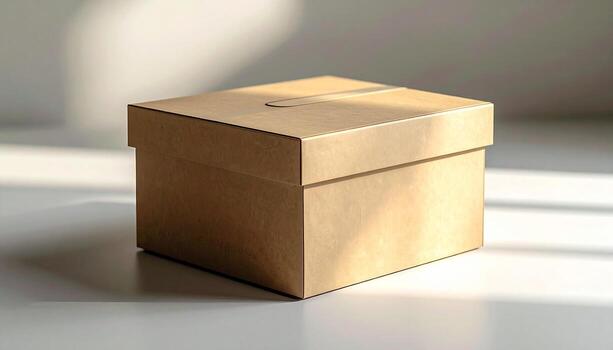 Closed cardboard box on a white surface with light and shadow. photo