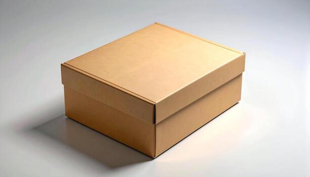 Closed cardboard box on white surface with soft shadow. photo