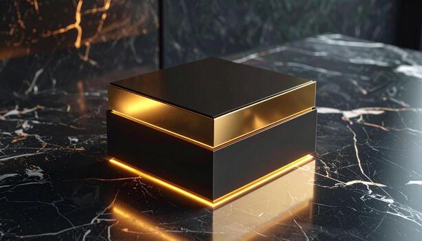 elegante negro y oro cubo en mármol superficie. foto