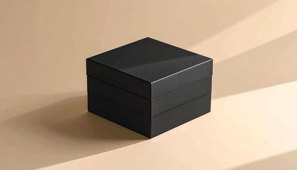 Elegant Black Box on Beige Background with Subtle Shadow. photo