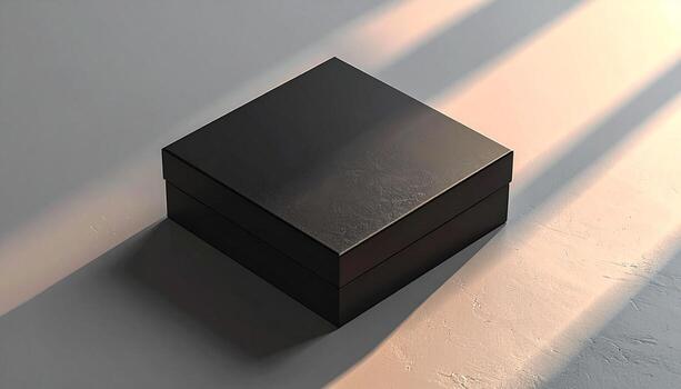 Elegant Black Box on Textured Surface with Soft Light and Shadows. photo