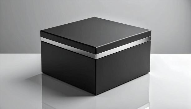 Elegant Black Box with Silver Accent on Reflective Surface. photo