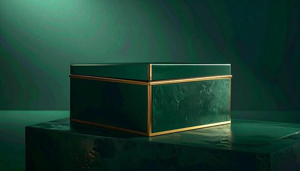 Elegant Green Box with Gold Trim on Dark Surface. photo