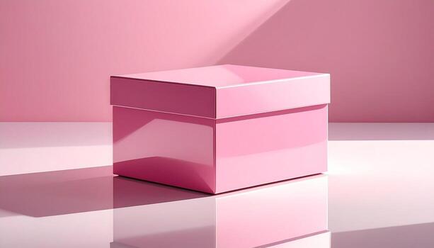 Elegant Pink Gift Box on Reflective Surface with Soft Lighting. photo
