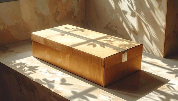 Elegant Wooden Box in Sunlight with Shadow Patterns on Surface. photo