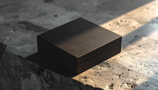 minimalista negro caja en texturizado superficie con luz de sol. foto