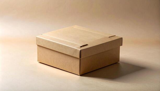 Minimalist Brown Cardboard Box with Lid on Neutral Background. photo