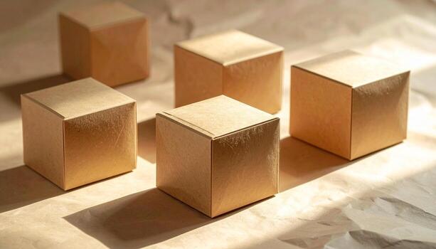 Minimalist Brown Cardboard Boxes on Wrinkled Paper in Soft Sunlight. photo