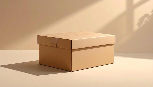 Minimalist Cardboard Box on Beige Background with Shadow. photo