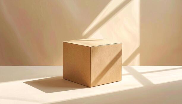 minimalista producto monitor marrón cubo con luz de sol y sombra. foto