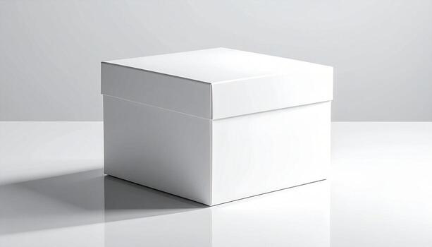 Minimalist White Box on Reflective Surface Studio Shot. photo