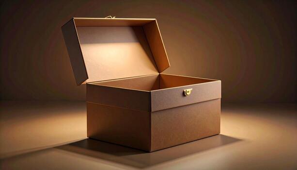 Open Brown Box with Golden Hinge in Warm Lighting. photo