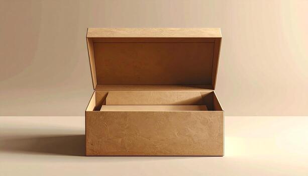 abierto cartulina caja en un neutral superficie Listo para contenido. foto