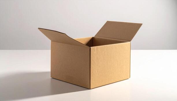 abierto cartulina caja en blanco superficie con suave Encendiendo. foto