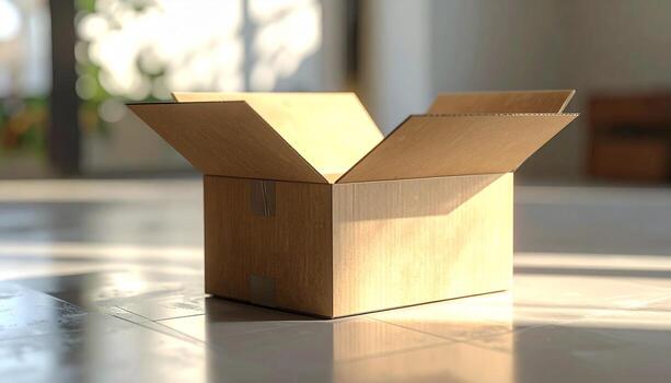 abierto cartulina caja en un mesa con luz de sol y borroso antecedentes. foto