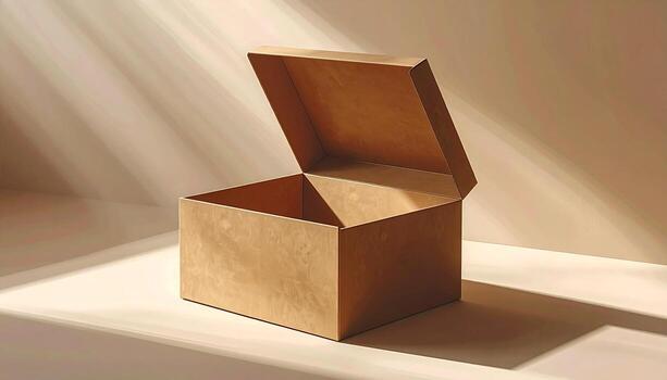 Open cardboard box with lid ajar in soft natural light. photo