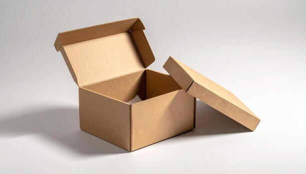 abierto cartulina caja con tapa descansando junto a eso en un blanco superficie. foto