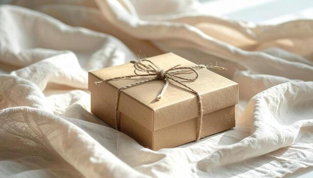 Rustic Gift Box on Soft Fabric A Simple and Elegant Presentation. photo