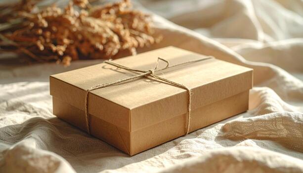 Rustic Gift Box with Twine on Textured Fabric Warm Lighting. photo