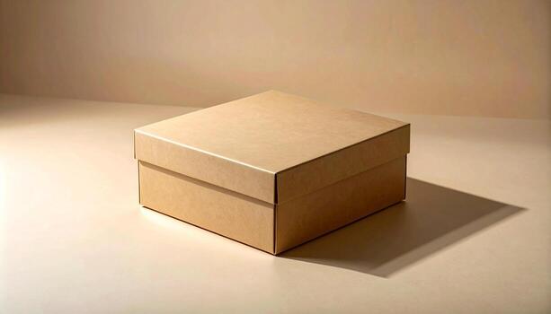 Simple Brown Cardboard Box with Lid on Beige Surface. photo