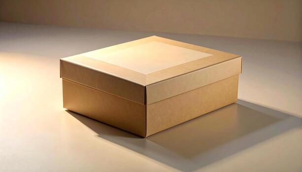 Simple brown cardboard box with lid on a neutral surface. photo