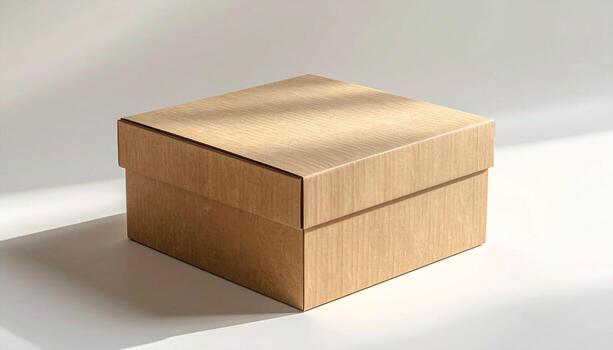 Simple brown cardboard box with lid on white surface in sunlight. photo