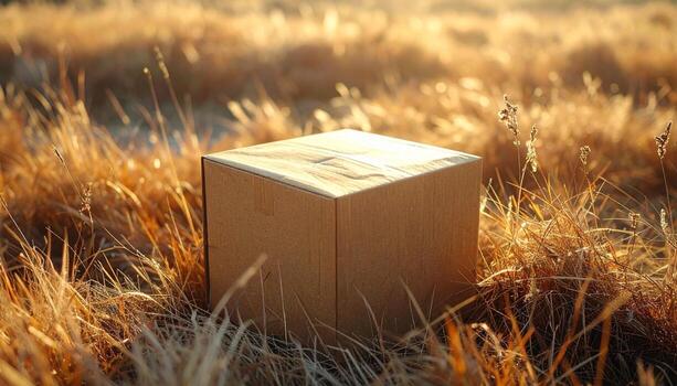 Solitary Cardboard Box in Golden Field A Study in Isolation and Nature. photo