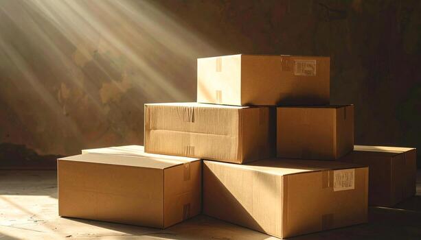 Stack of Cardboard Boxes in Sunlight Storage and Logistics. photo