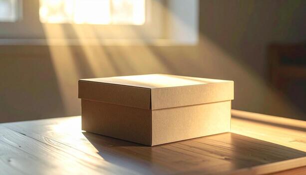 Sunlit Box on Wooden Table Minimalist Still Life. photo