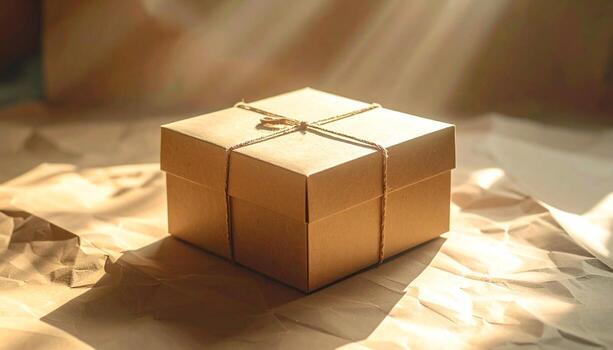 Sunlit Brown Cardboard Box on Wrinkled Fabric A Study in Light and Shadow. photo